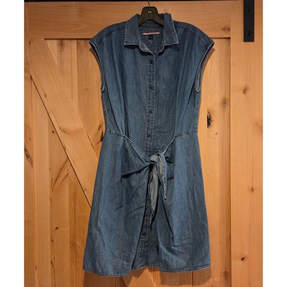 Tommy Hilfiger Shirt Dress Sz L Chambray Denim Mini Sleeveless Tie Front Wrap - Picture 1 of 16